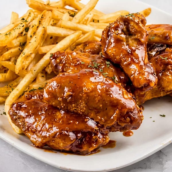 A plate of crispy french fries and saucy chicken wings, garnished with herbs.