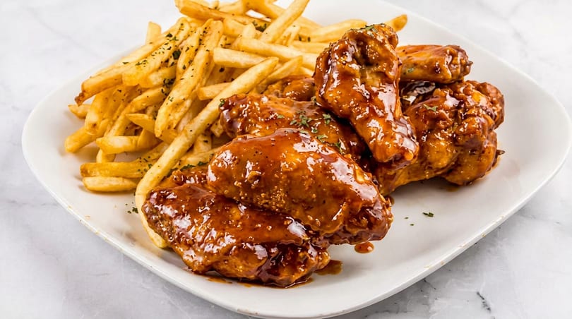 A plate of crispy french fries and saucy chicken wings, garnished with herbs.