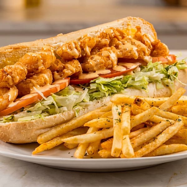 Crispy shrimp po'boy sandwich with lettuce, tomato, and sauce, served with seasoned french fries.