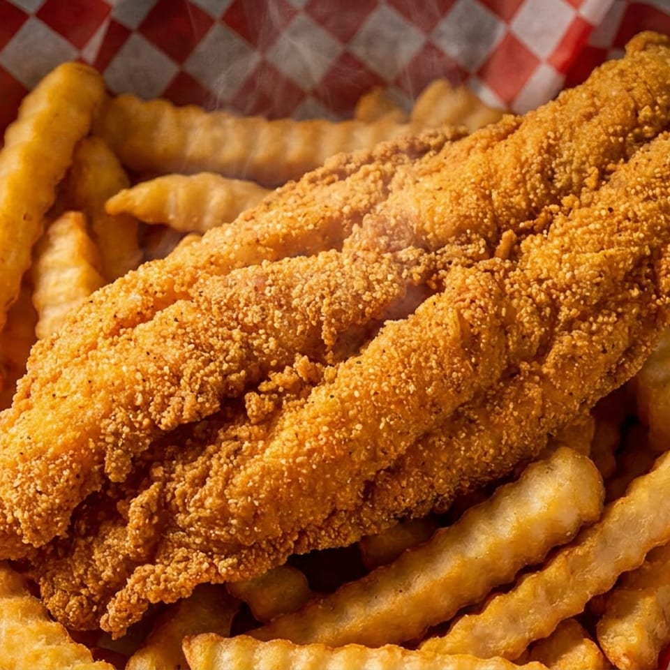 Crispy fried fish fillets and crinkle-cut fries served in a red and white checkered paper basket.