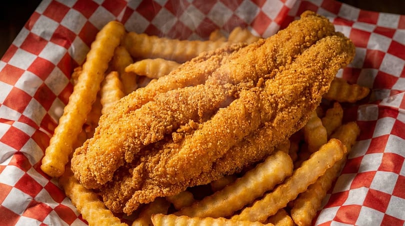 Crispy fried fish fillets and crinkle-cut fries served in a red and white checkered paper basket.