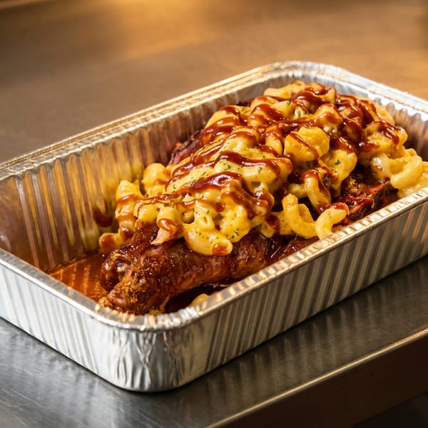 Smoked turkey leg topped with creamy mac and cheese and barbecue sauce in a foil pan.