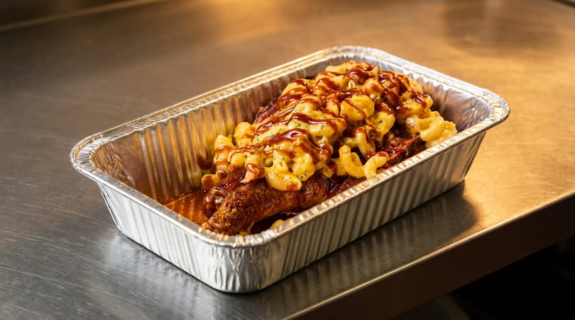Smoked turkey leg topped with creamy mac and cheese and barbecue sauce in a foil pan.
