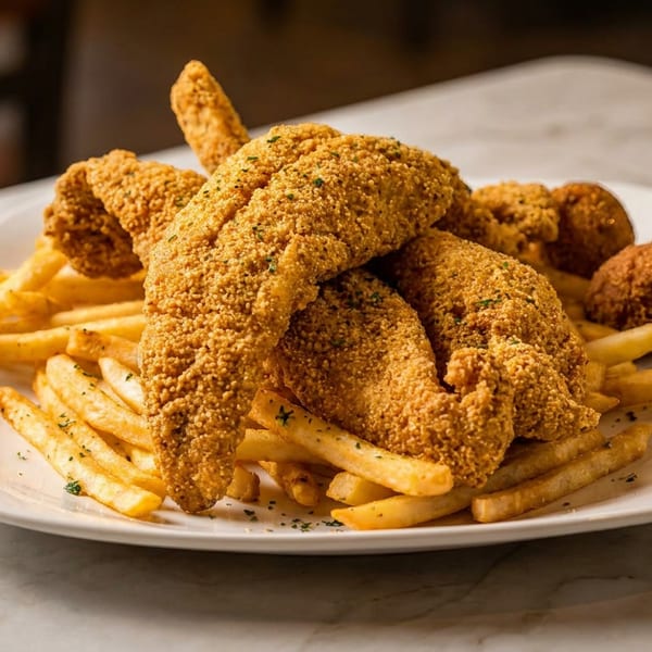 Crispy fried fish fillets and hush puppies served with golden french fries on a white plate.