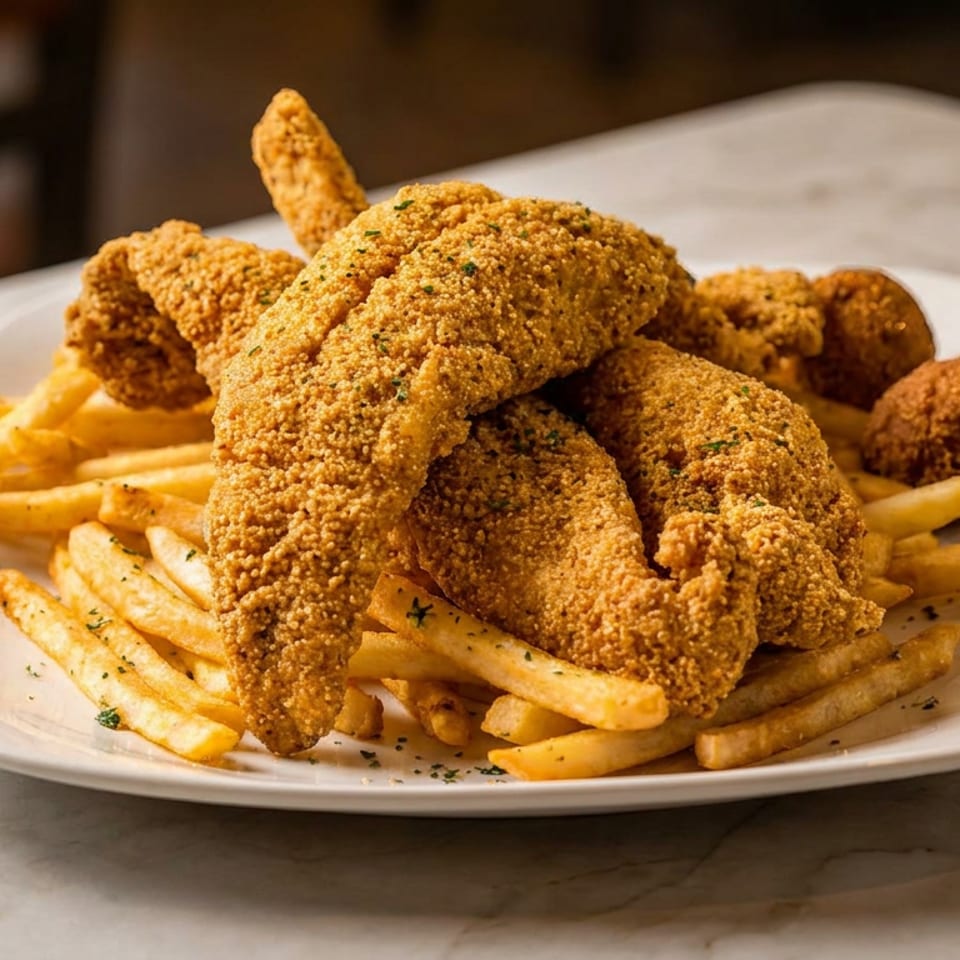 Crispy fried fish fillets and hush puppies served with french fries on a white plate.