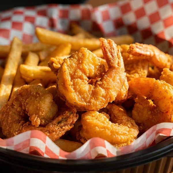 Golden fried shrimp and french fries in a black basket lined with red and white checkered paper.