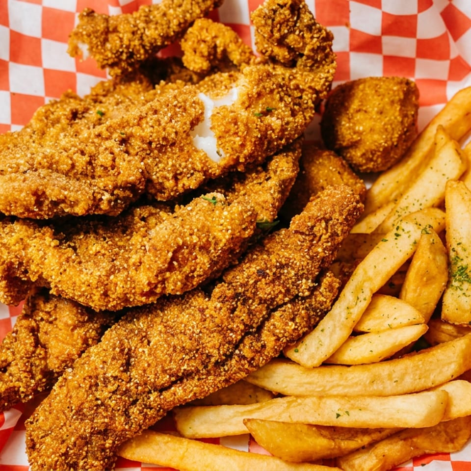 Crispy fried fish fillets and french fries served on red and white checkered paper in a white tray.